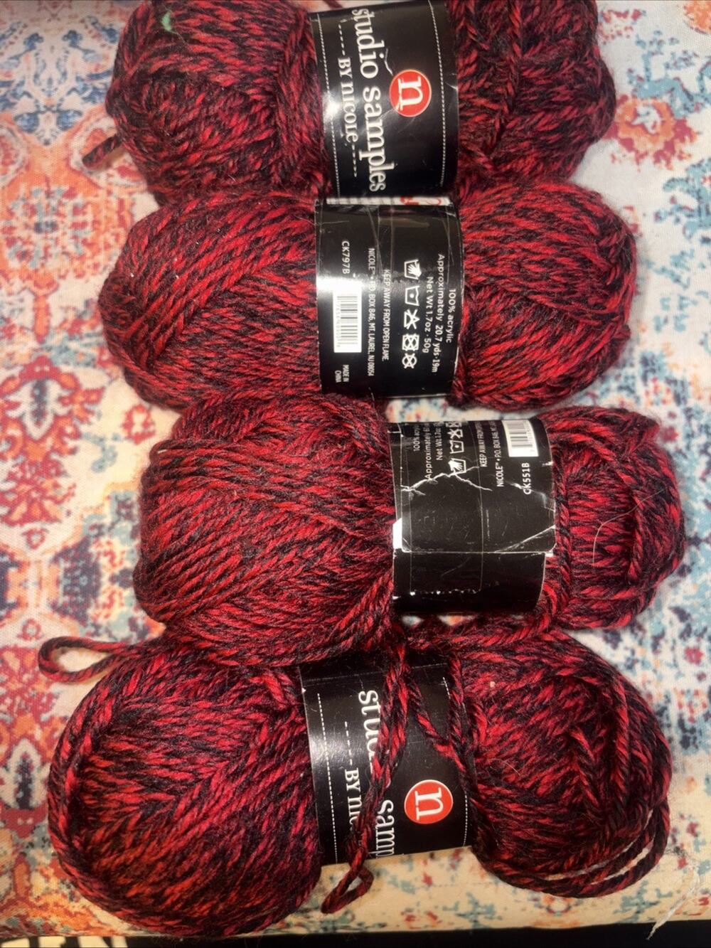 4 Skein Studio Samples by Nicole Acrylic Yarn Red Black Marled Twist